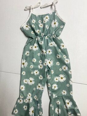 Girls Sage Green Daisy Print Tie-Strap Jumpsuit 2T